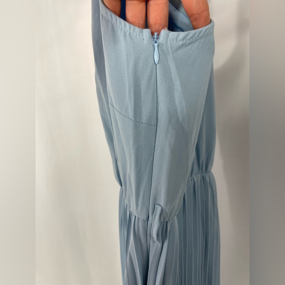 KIRUNDO Light Blue Pleated Midi Dress Halter Neck Sleeveless Flowy A-Line L - Picture 5 of 7